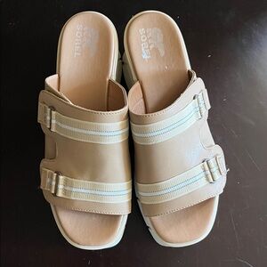 Sorel Tan Slide Sandals with Cream Striped Webbing